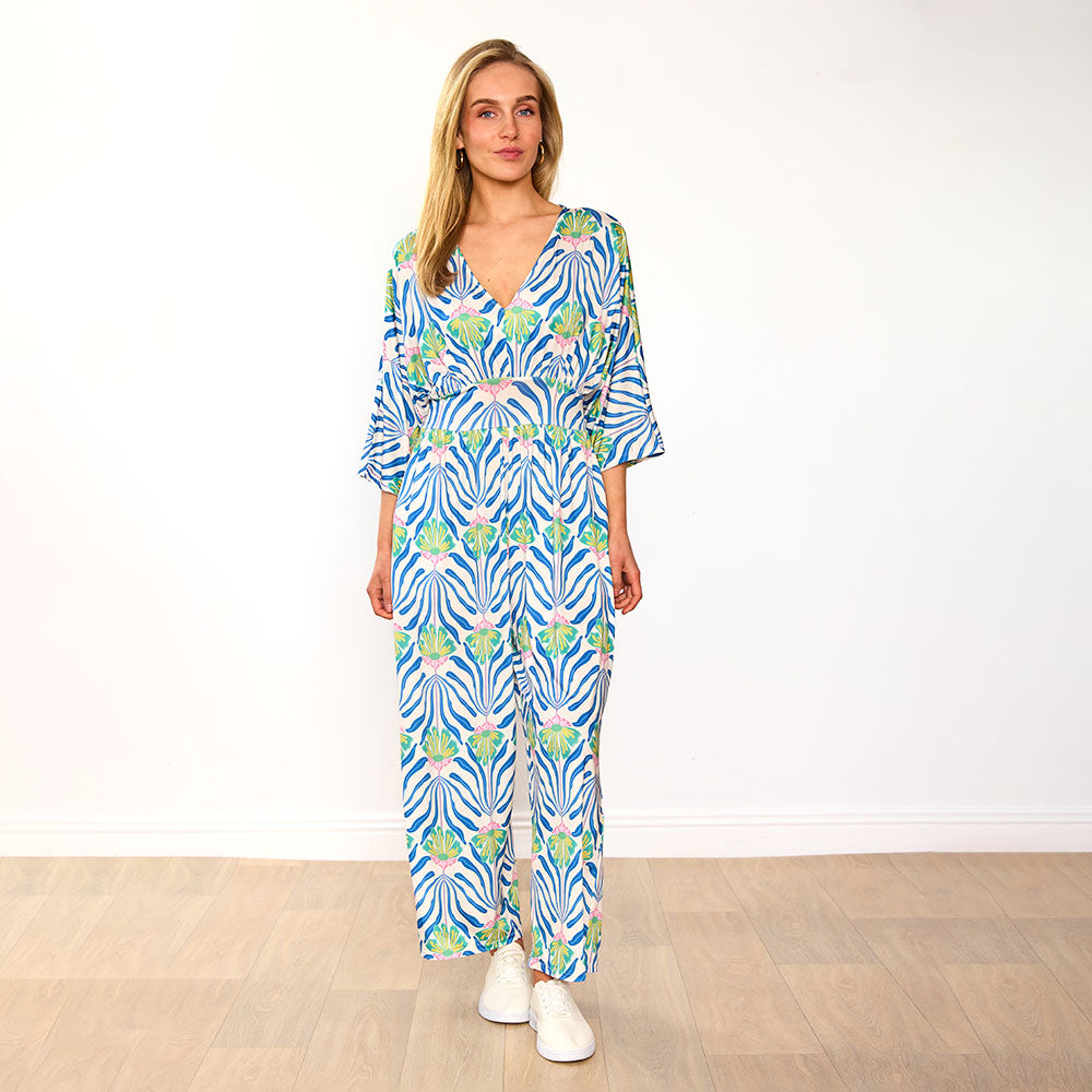 Ester Jumpsuit (Blue Palm Print)