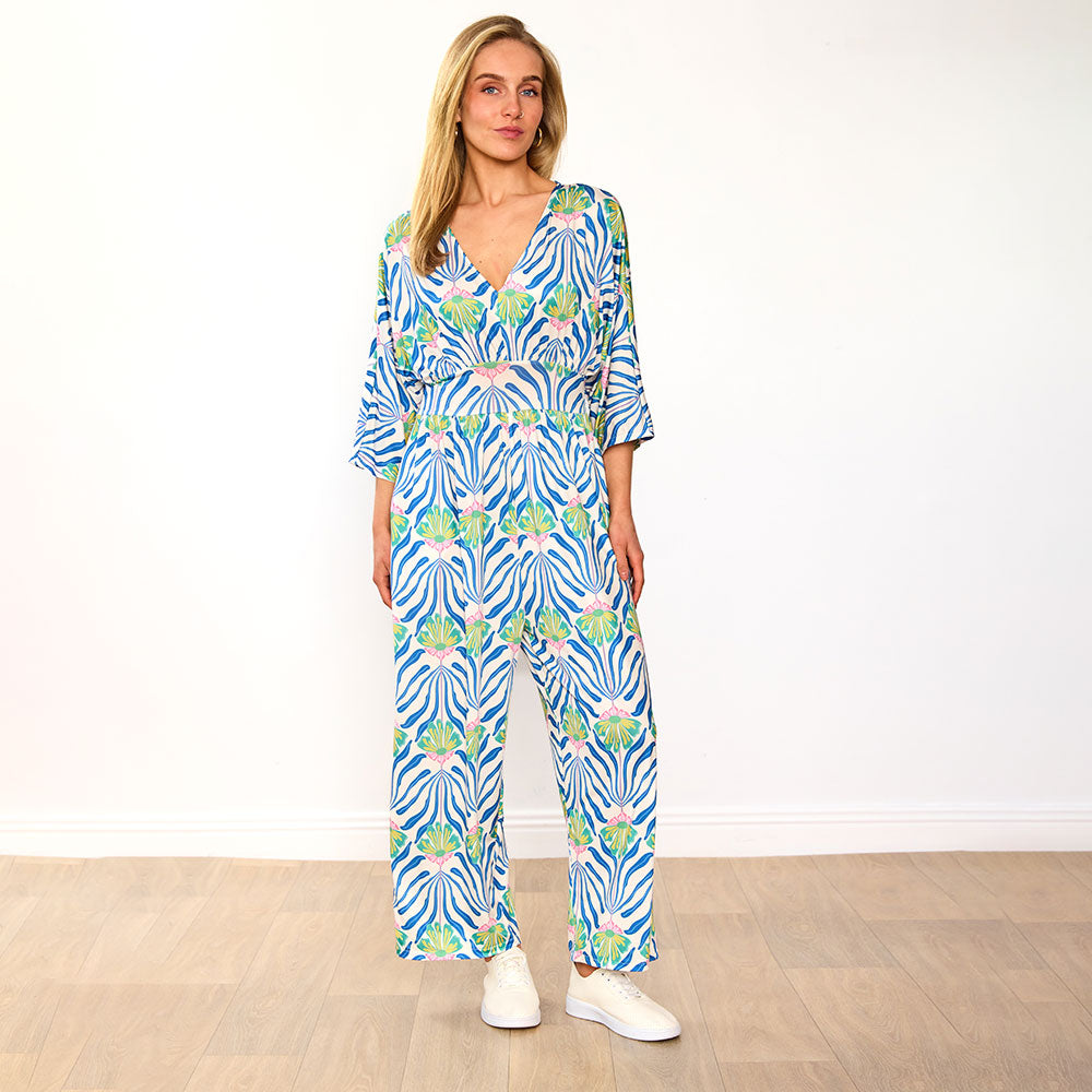 Ester Jumpsuit (Blue Palm Print)