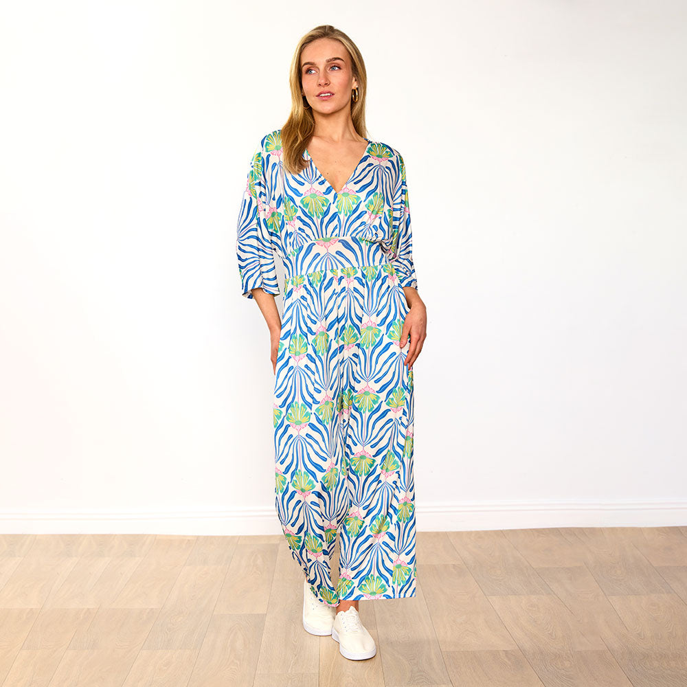 Ester Jumpsuit (Blue Palm Print)