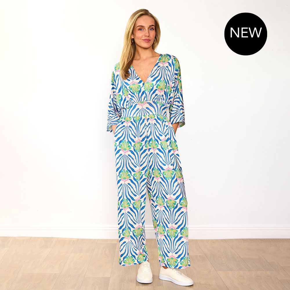 Ester Jumpsuit (Blue Palm Print)