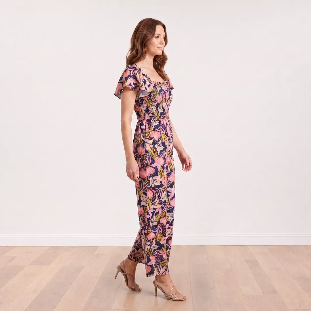 Ivan Jumpsuit Midnight Bloom Lavender - side view on model