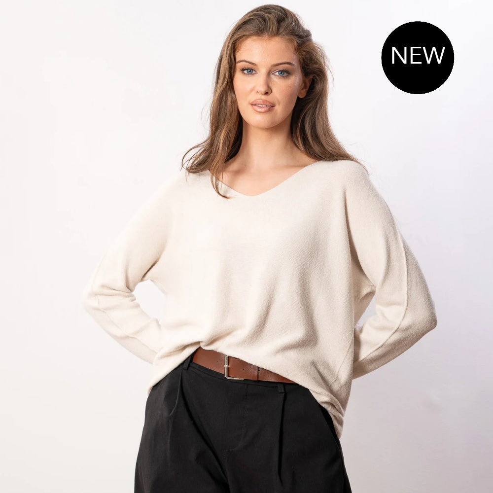 Kylie V Neck Jumper in cream – v neckline, long sleeves