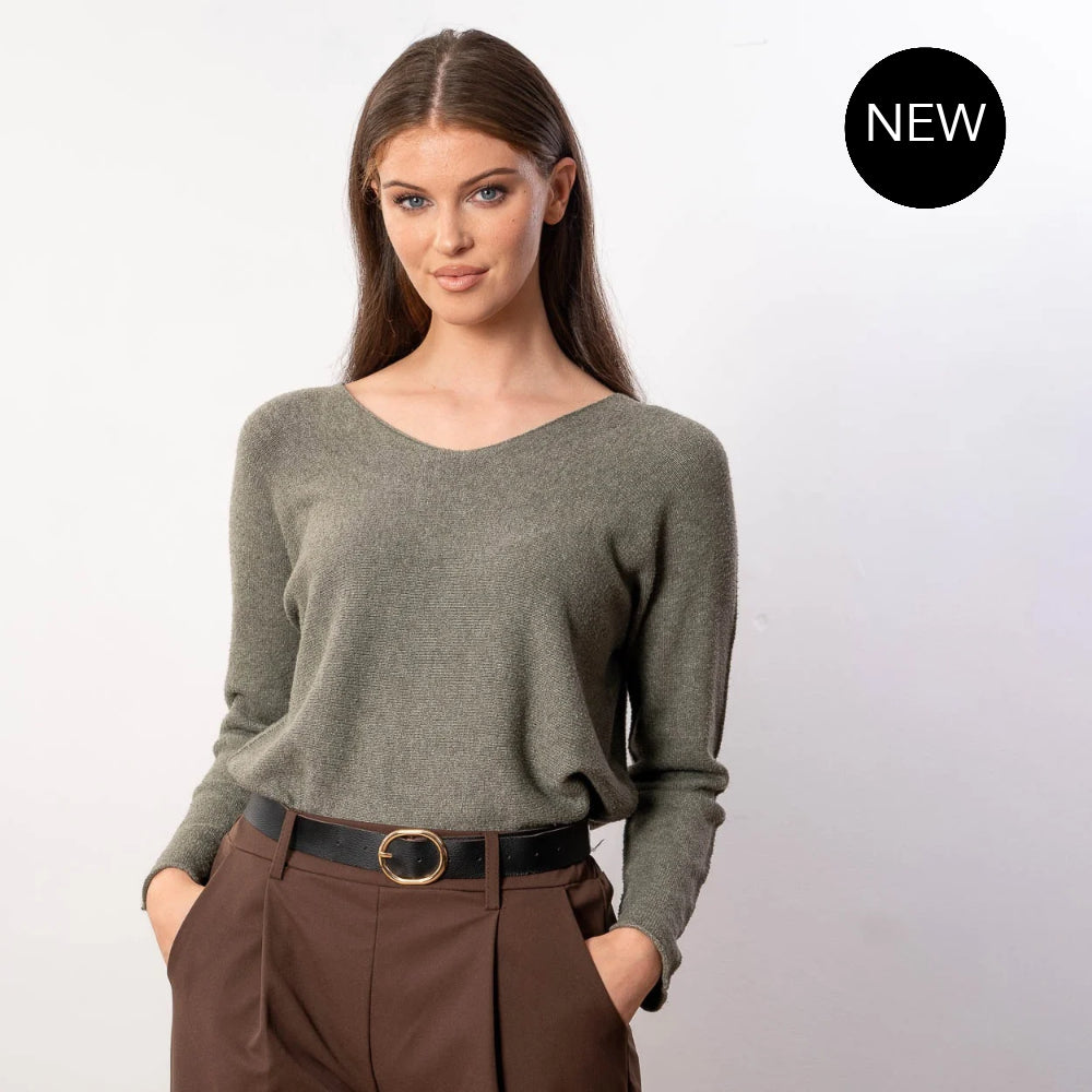 Kylie V Neck Jumper in khaki – v neckline, long sleeves