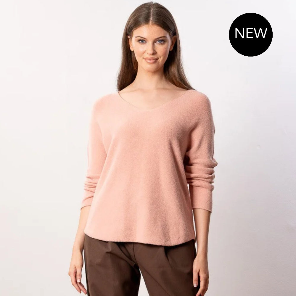 Kylie V Neck Jumper in peach – v neckline, long sleeves