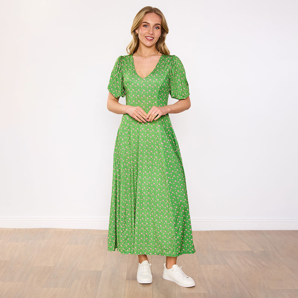 Lucy Dress in green pink star print – women's dress – view 5