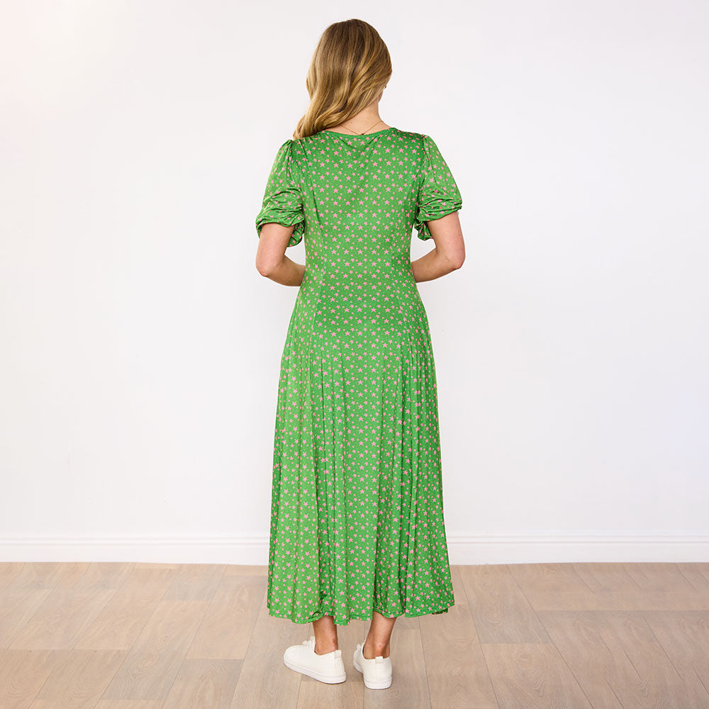 Lucy Dress in green pink star print – women's dress – view 8