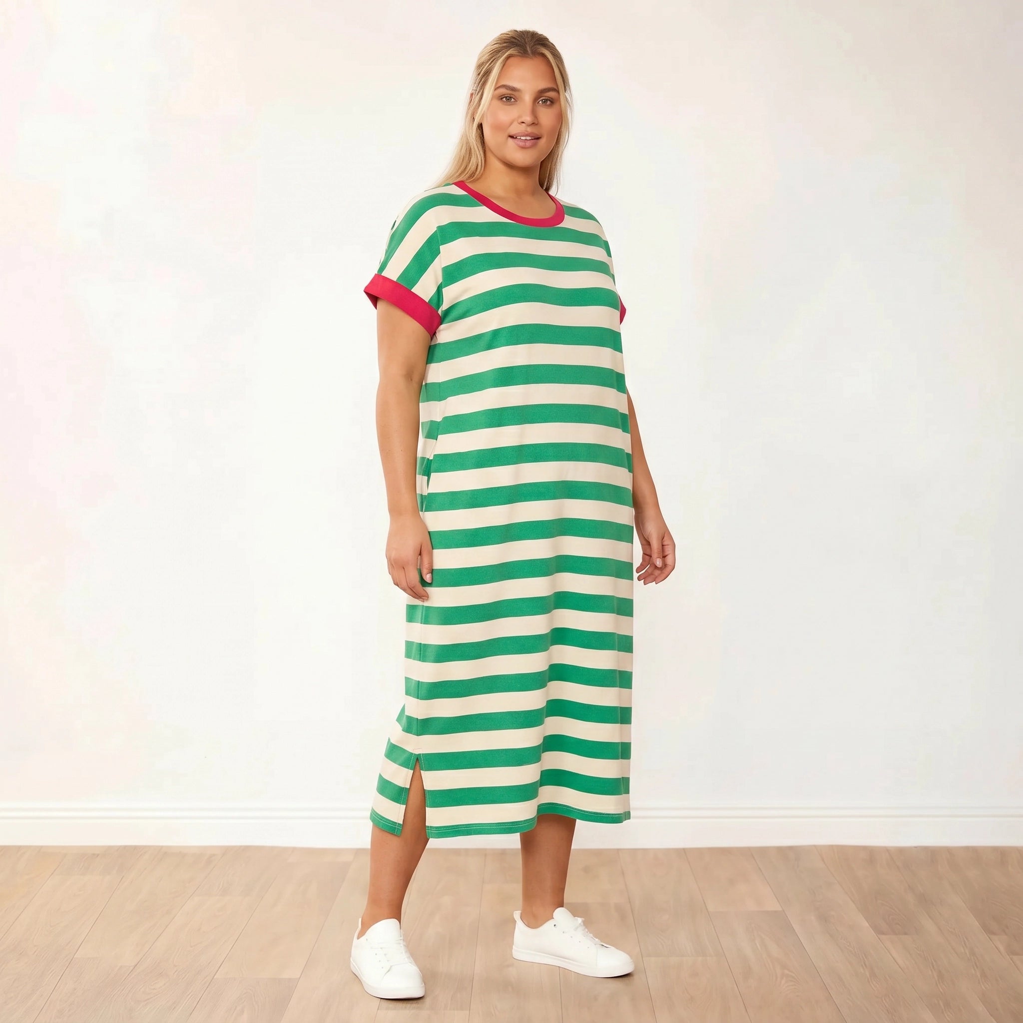 Rachel Dress (Green Stripe/Pink) - Plus Size XXL - Three Quarter Angle