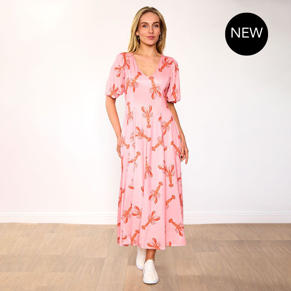 pink lobster print dress Hotline Lobster Maxi Dress - Dolce Pink