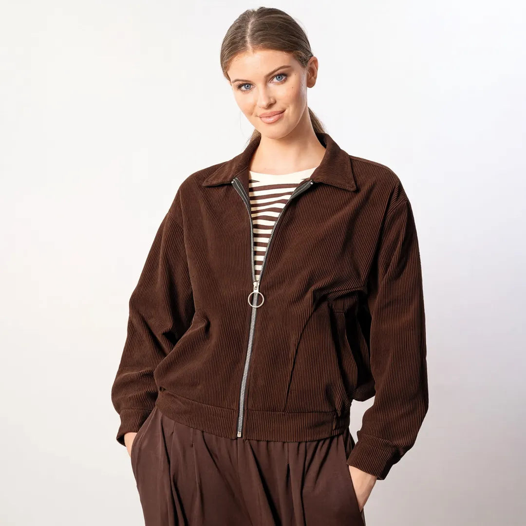 Sydney Jacket in chocolate brown corduroy, front view with full sleeves and cuffs