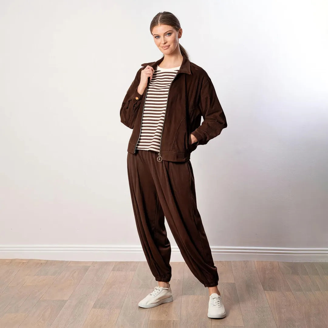 Sydney Jacket in chocolate brown corduroy, full length front view styled with matching trousers