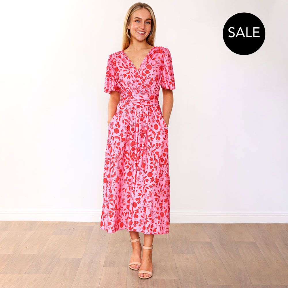 Teagan Dress in pink and red floral print – women's dress