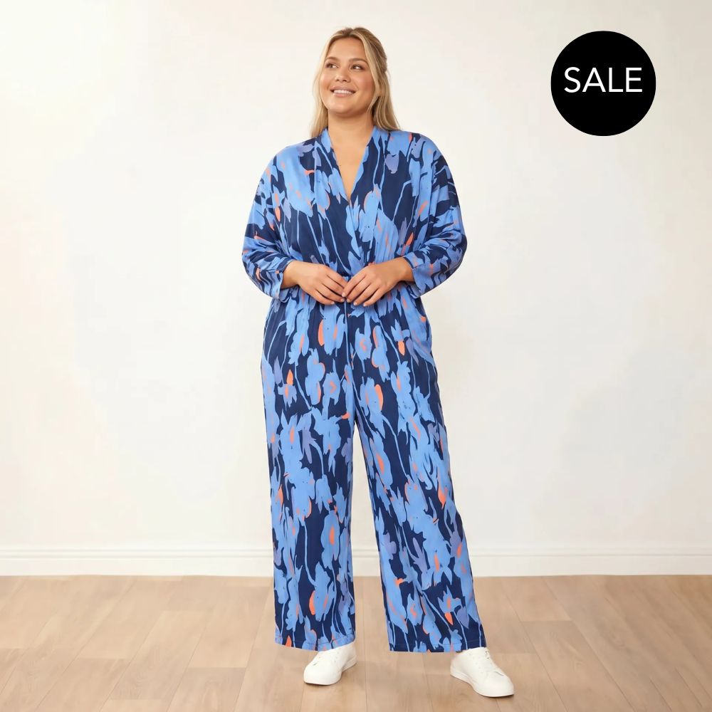 Vogue Jumpsuit in navy and orange abstract print – women's jumpsuit