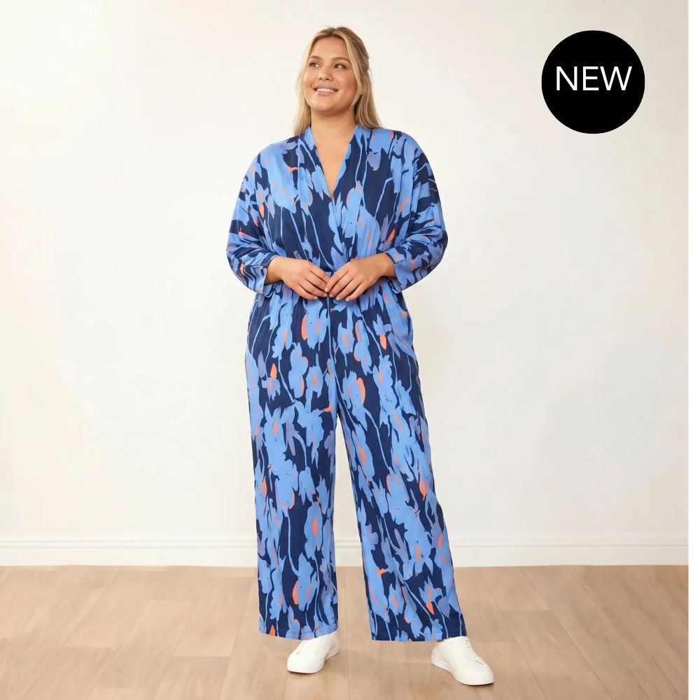Vogue Jumpsuit in navy and orange abstract print – women's jumpsuit – view 16