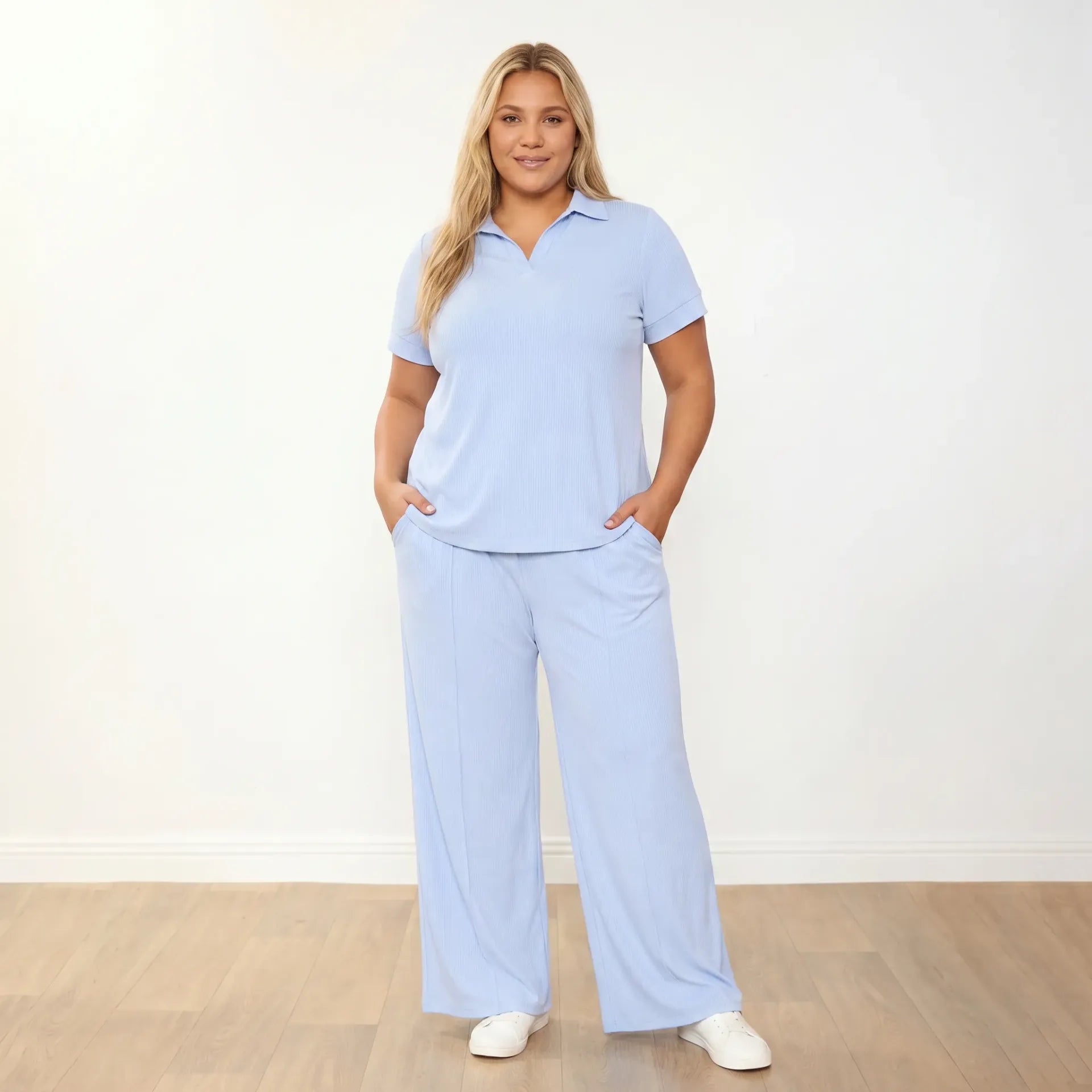 Maggie Co-Ord Blue - Plus size model, front facing hands in pockets