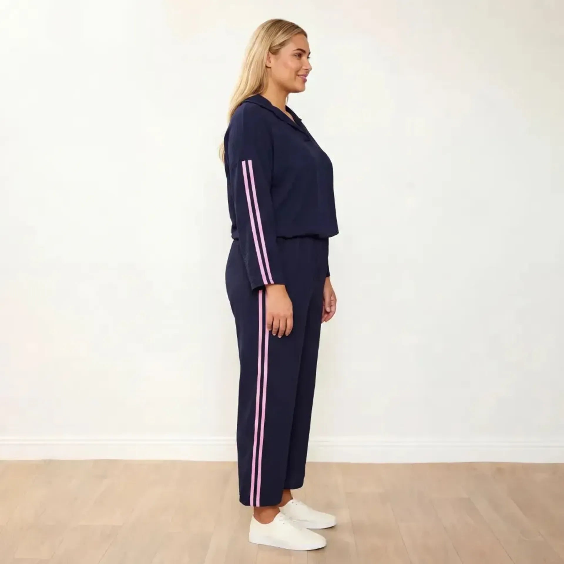 Clara Co-Ord Navy Pink Stripe - Plus Size Model - Side Profile