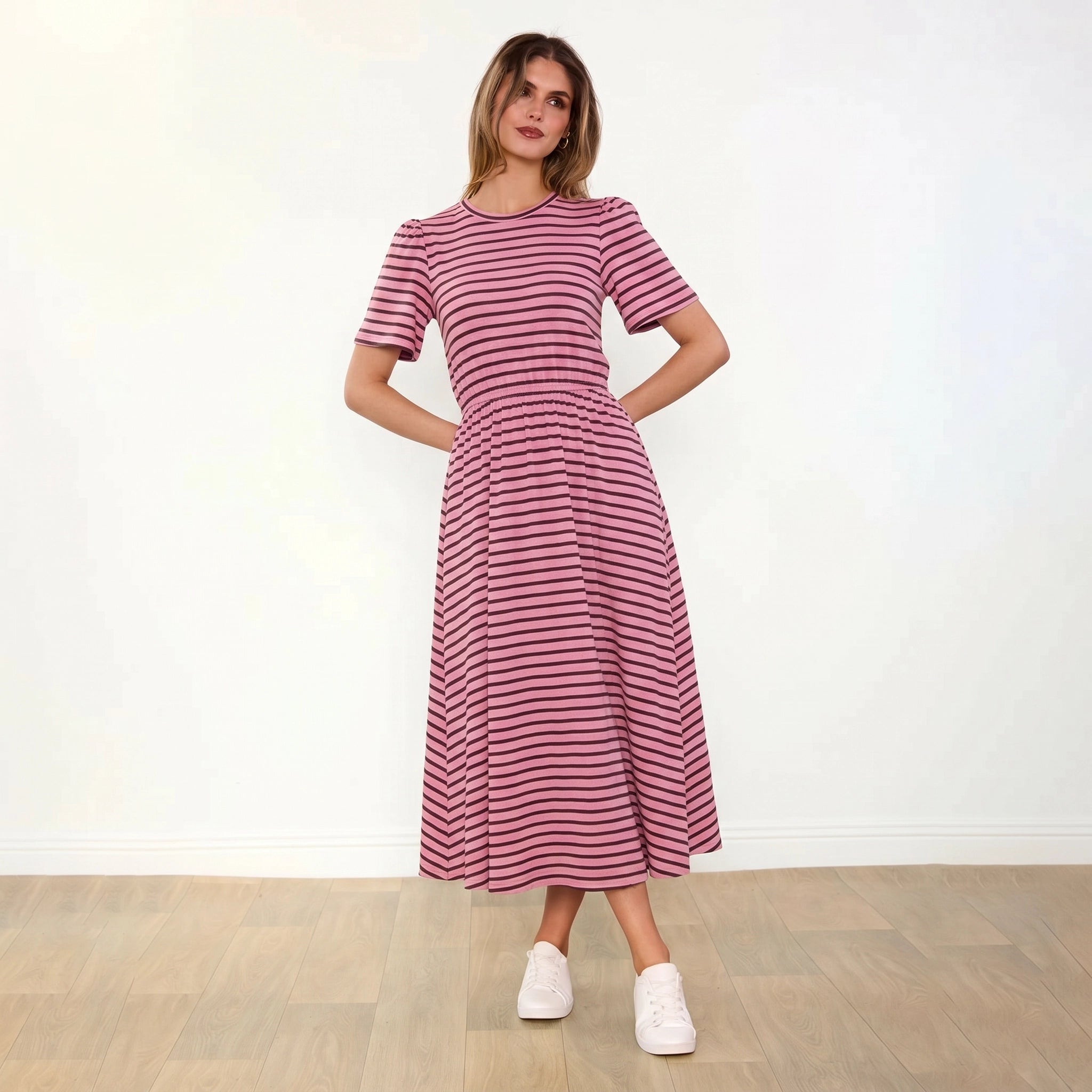 Eilish Dress (Pink/Brown) - Front, hands behind back