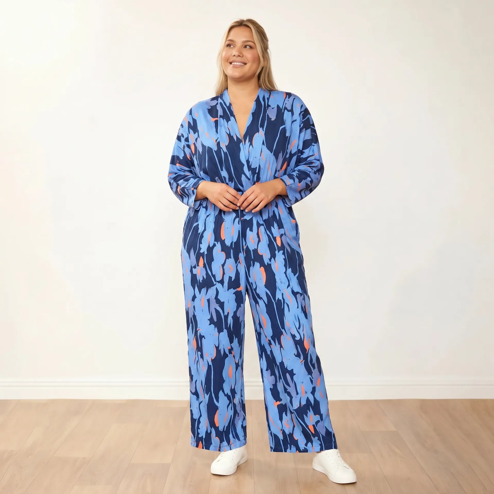 Vogue Jumpsuit in navy and orange abstract print – women's jumpsuit – view 11