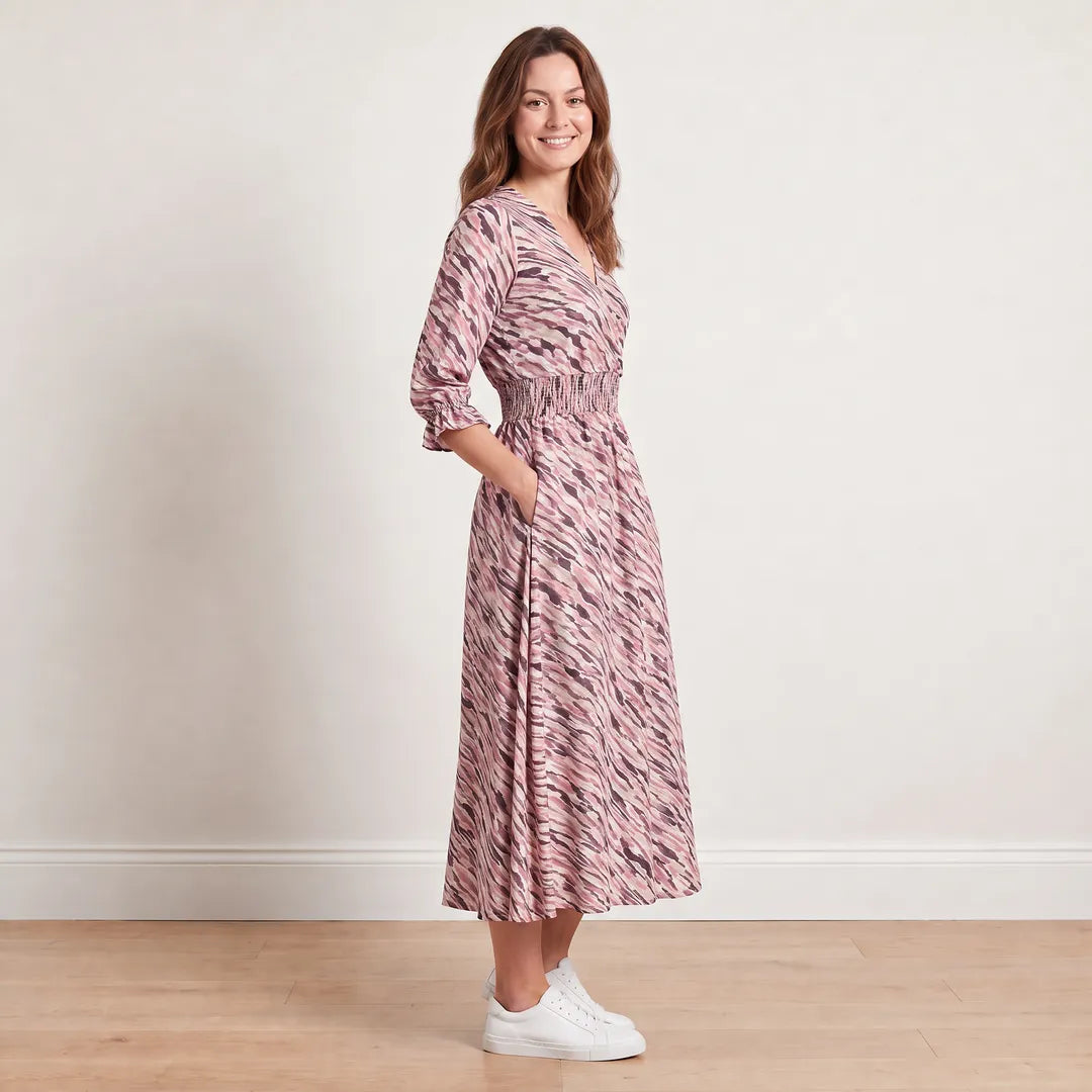 Aoife Wrap Dress (Pink & Burgundy) - Side View with Hand in Pocket