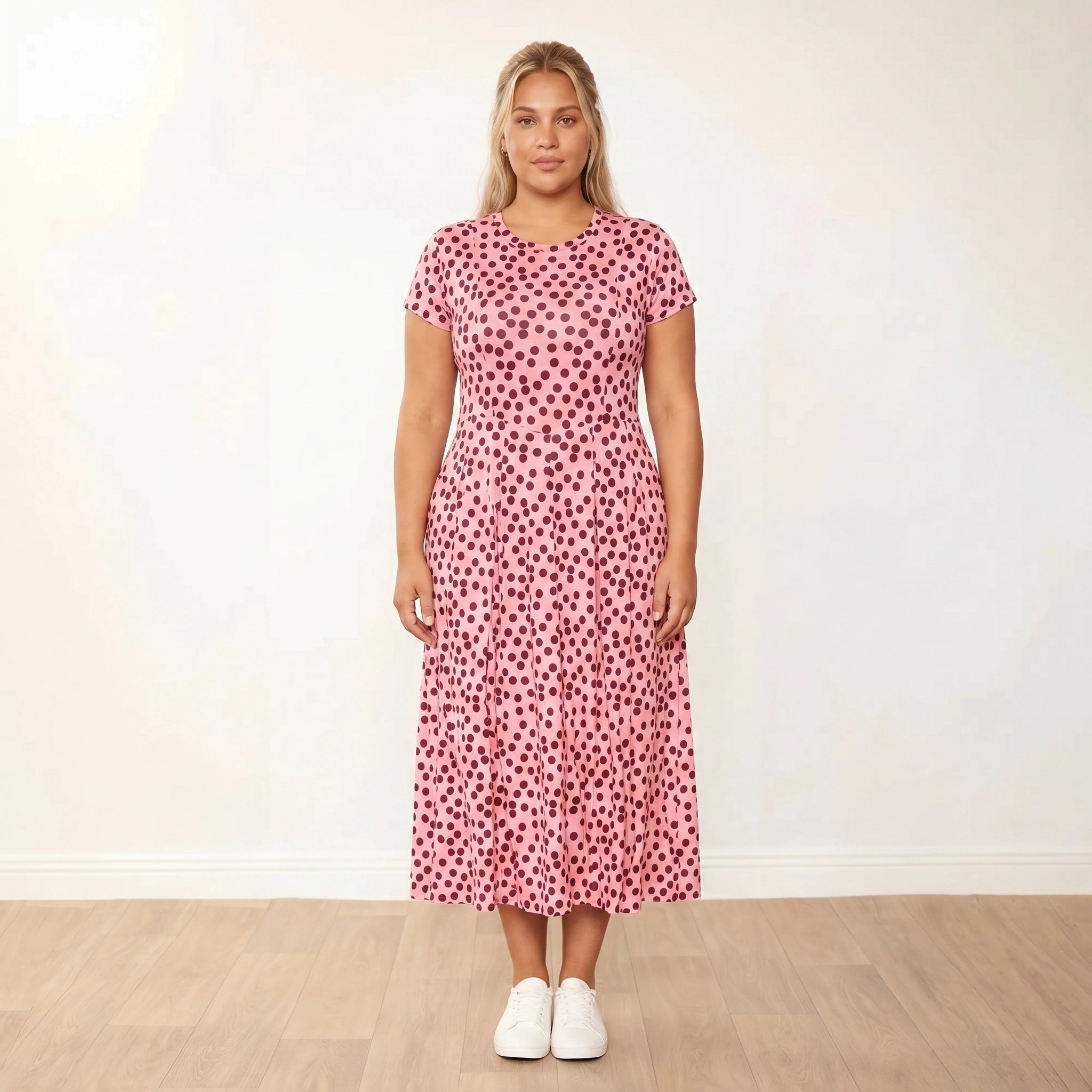 Polly Dress (Polka Dot) - Plus Size XXL - Front, arms relaxed, composed gaze