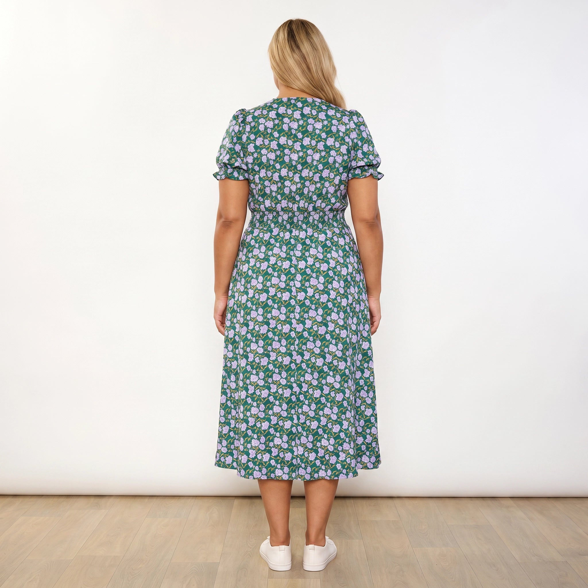 Belle Dress Green Lilac Wildflower - plus size model back view, full dress construction