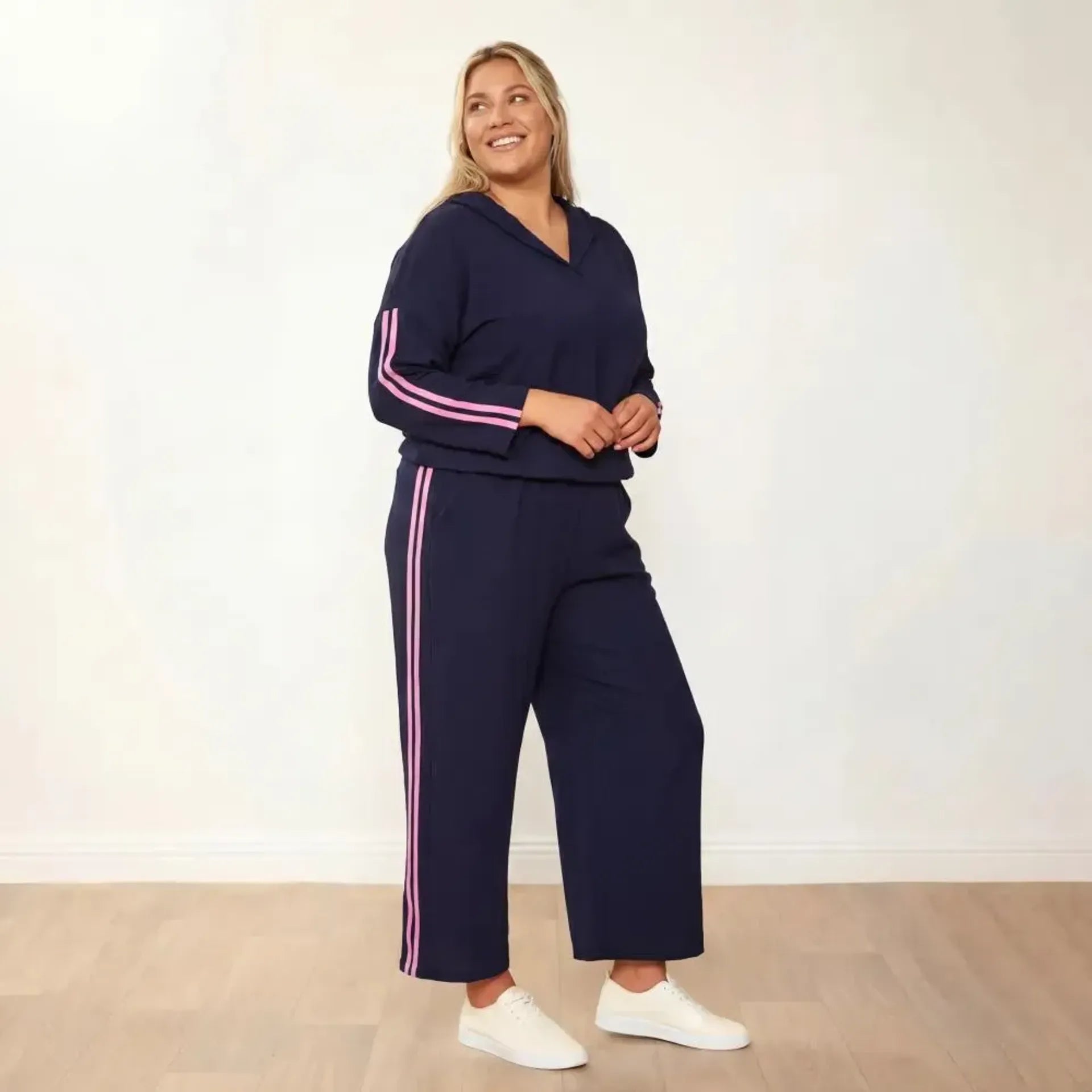 Clara Co-Ord Navy Pink Stripe - Plus Size Model - 3/4 Angle Looking Up