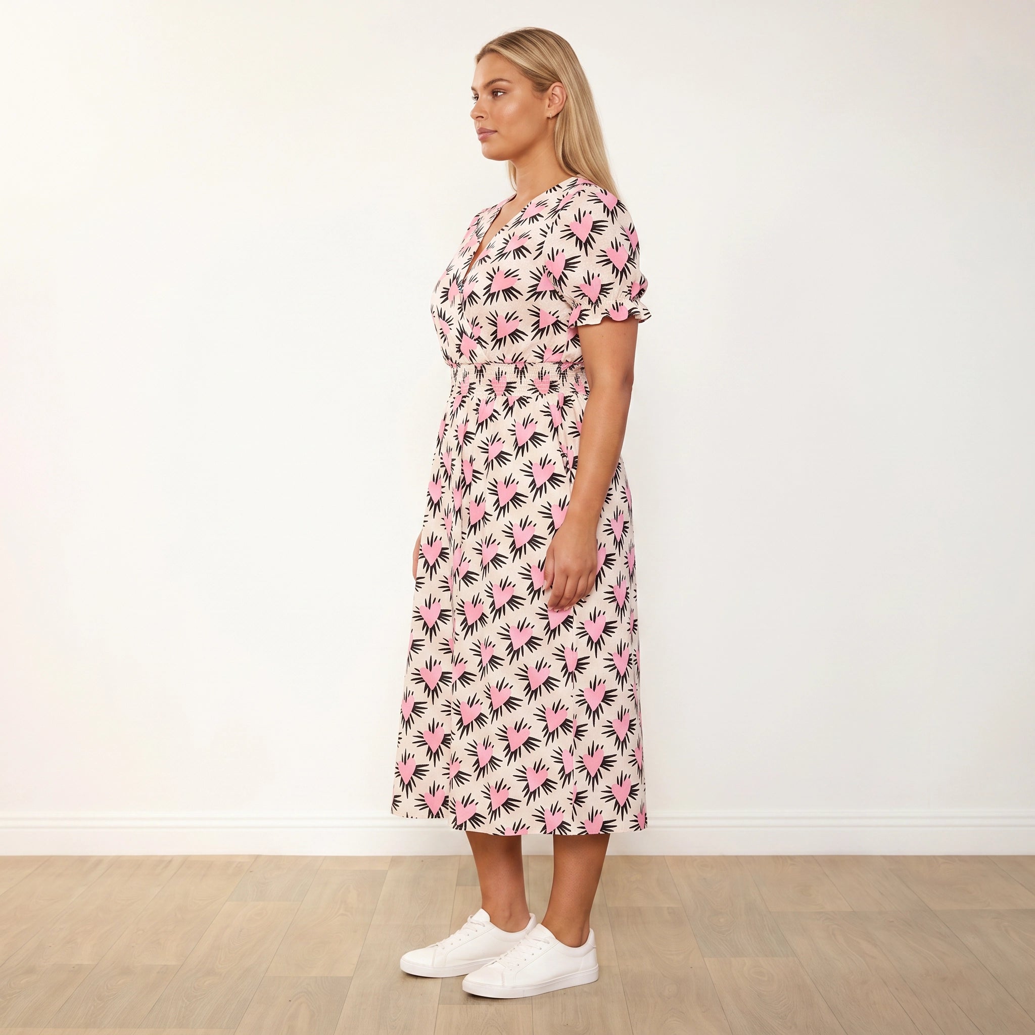 Belle Dress (Pink Heart) - Plus Size Model XXL, 3/4 left side profile