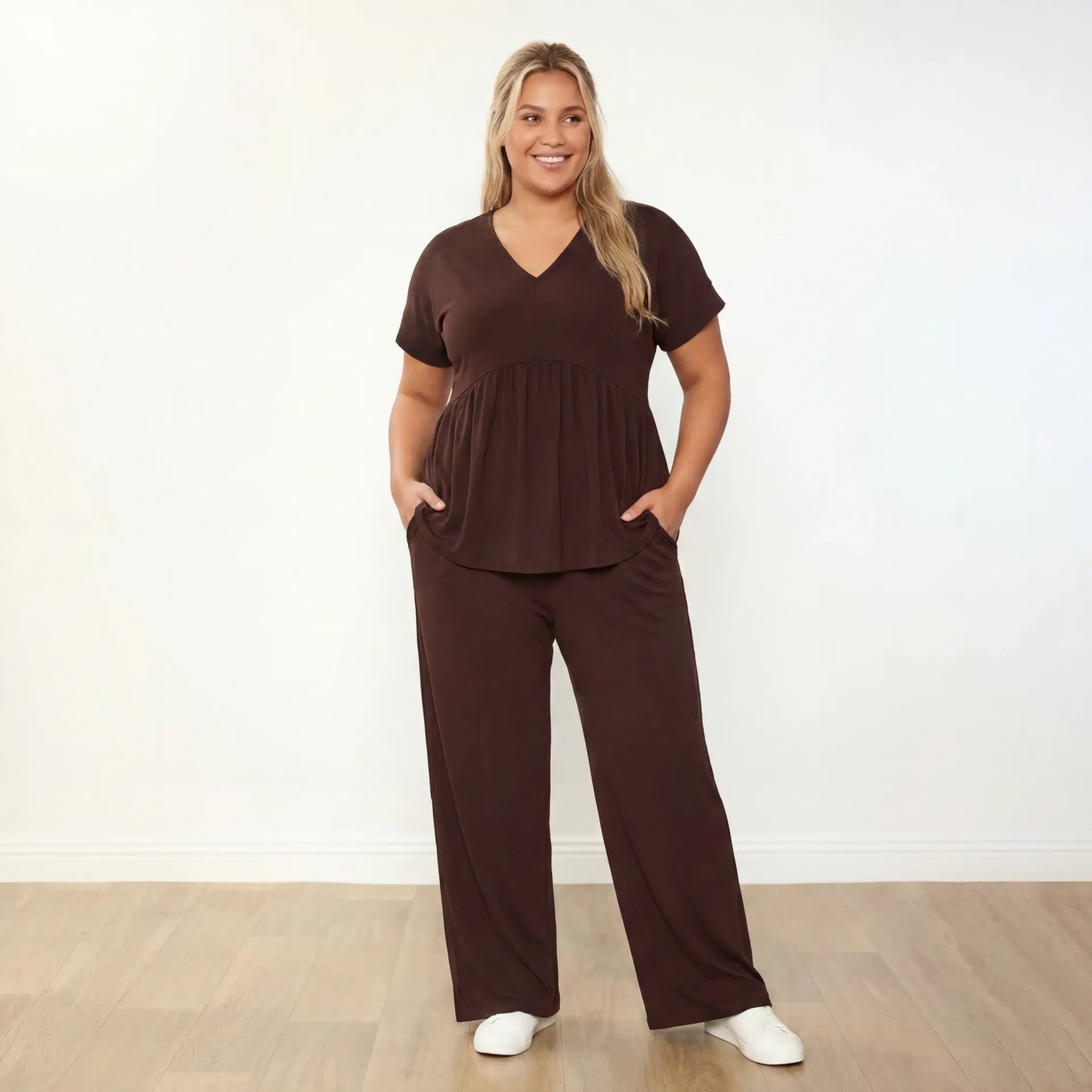 Tommy Co-Ord Brown - Plus Size Model Front Hands In Pockets