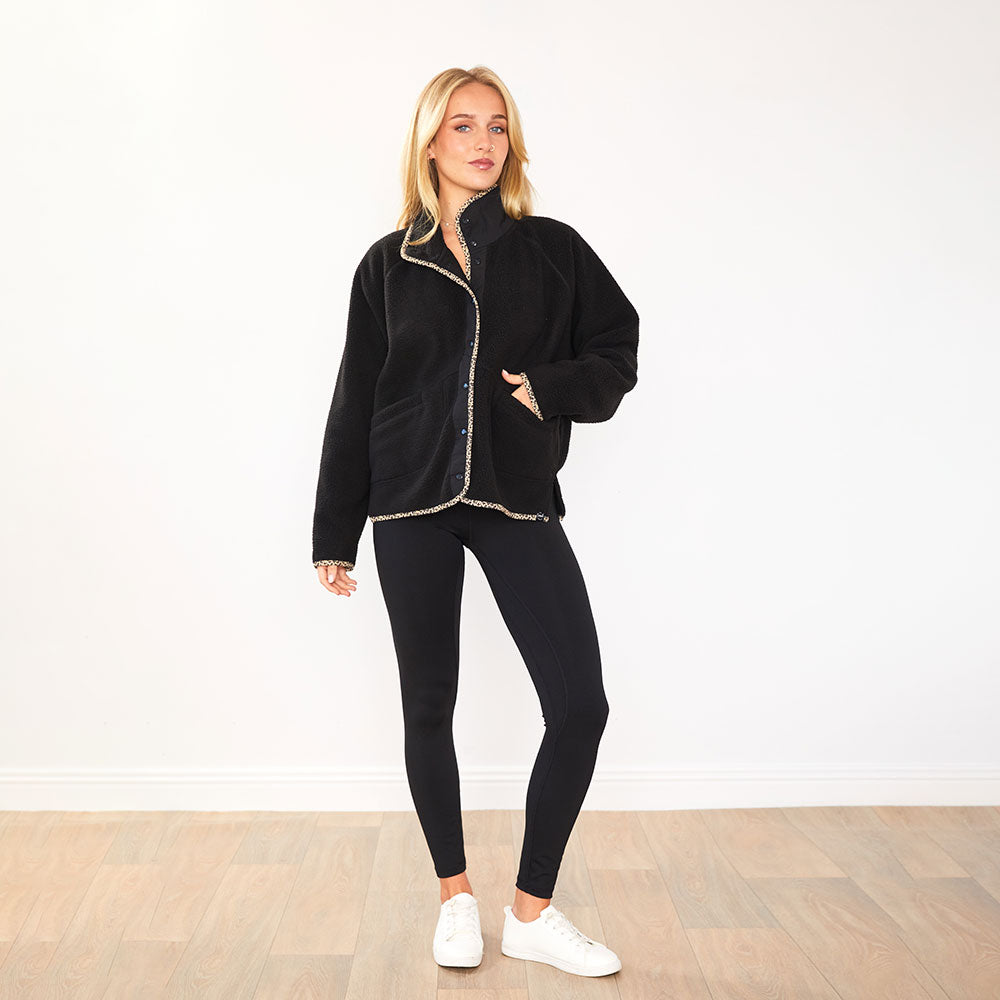 Fleece Jacket (Black/Leopard Trim)
