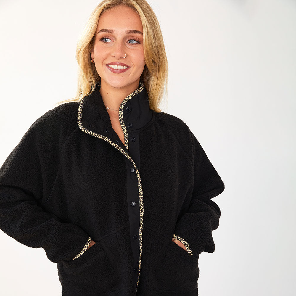 Fleece Jacket (Black/Leopard Trim)