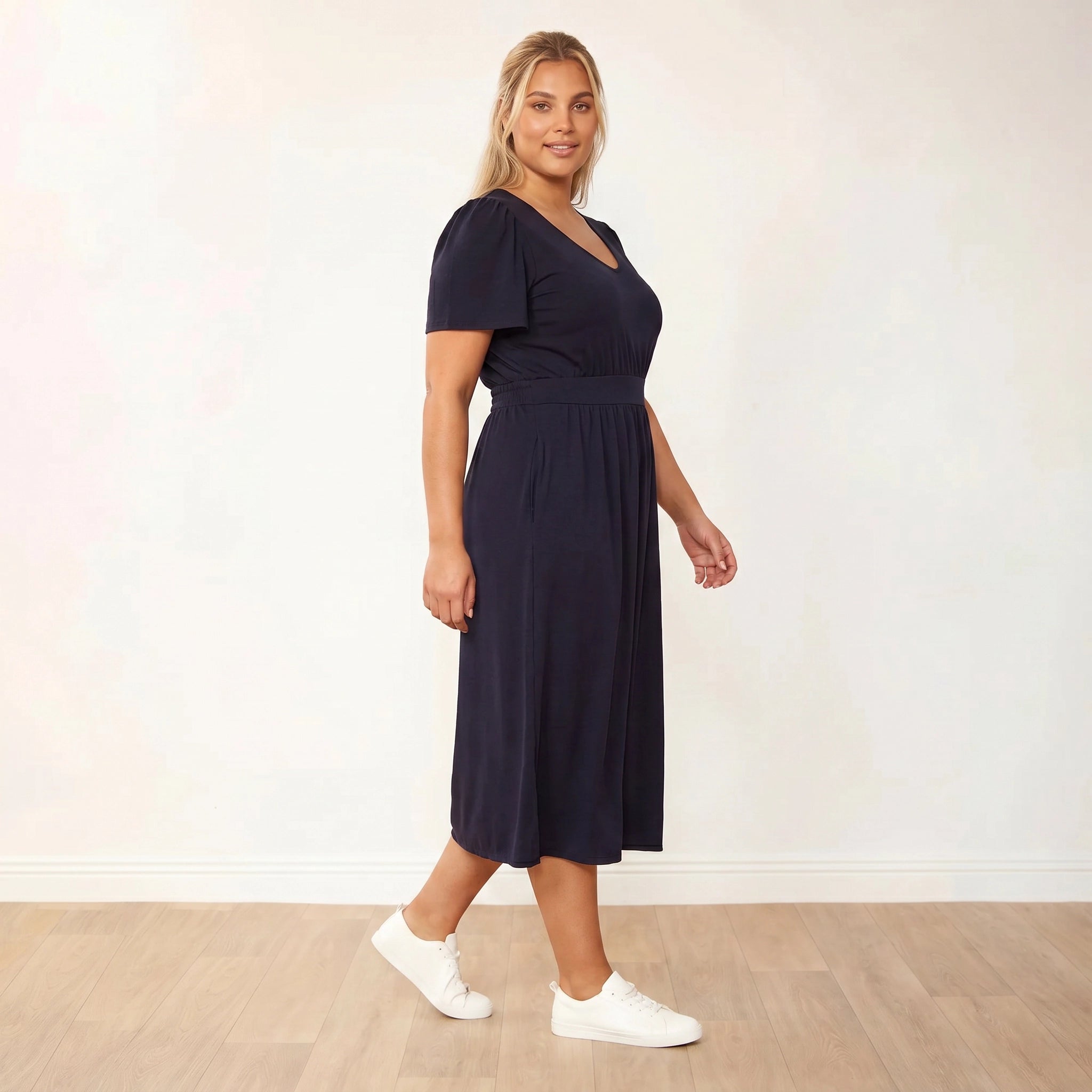 Lois Dress (Black) - Plus Size XXL - Right side, walking