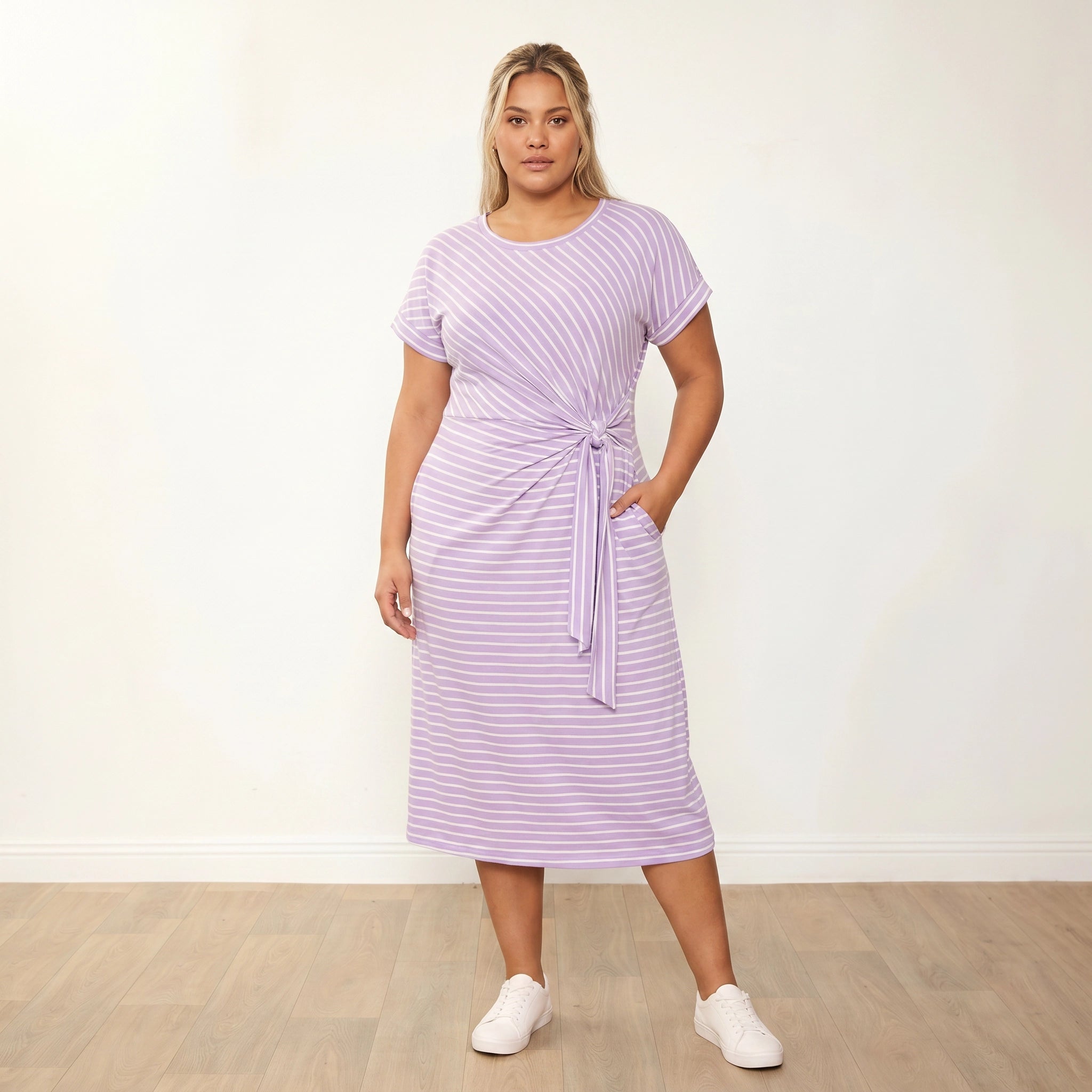 Muriel Dress (Lilac Stripe) - Plus Size XXL - Front, direct gaze, one hand at side