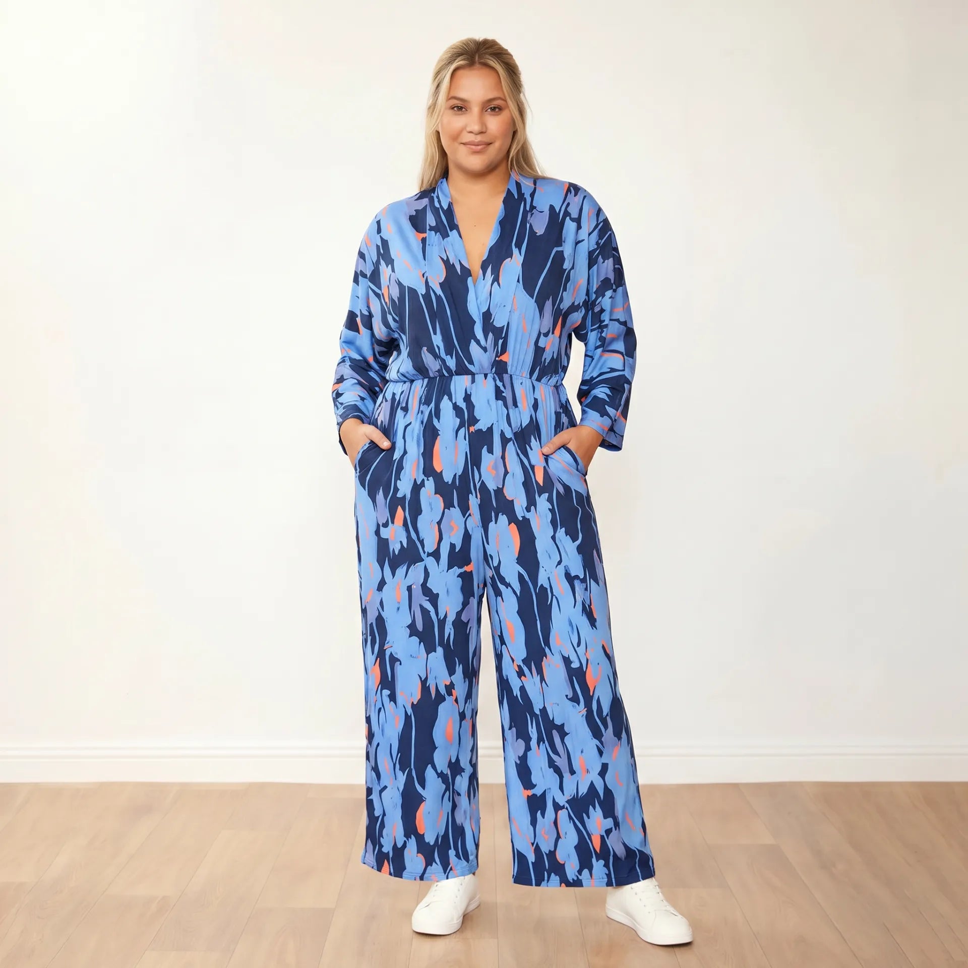Vogue Jumpsuit (Navy/Orange Abstract) - Plus Size Model, Front Arms at Sides