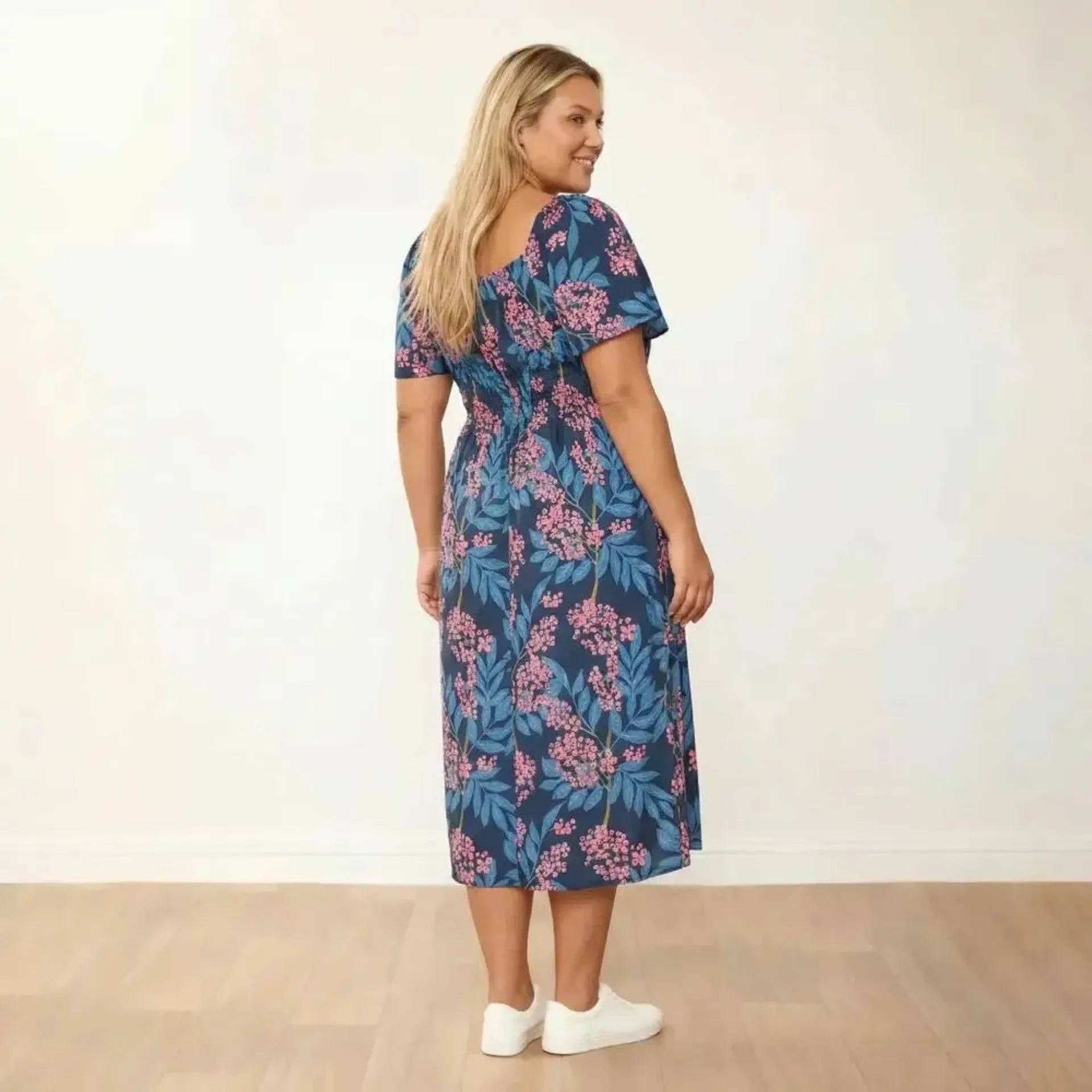 Ciara Dress Navy Berry - Plus Size 3/4 Back Angle