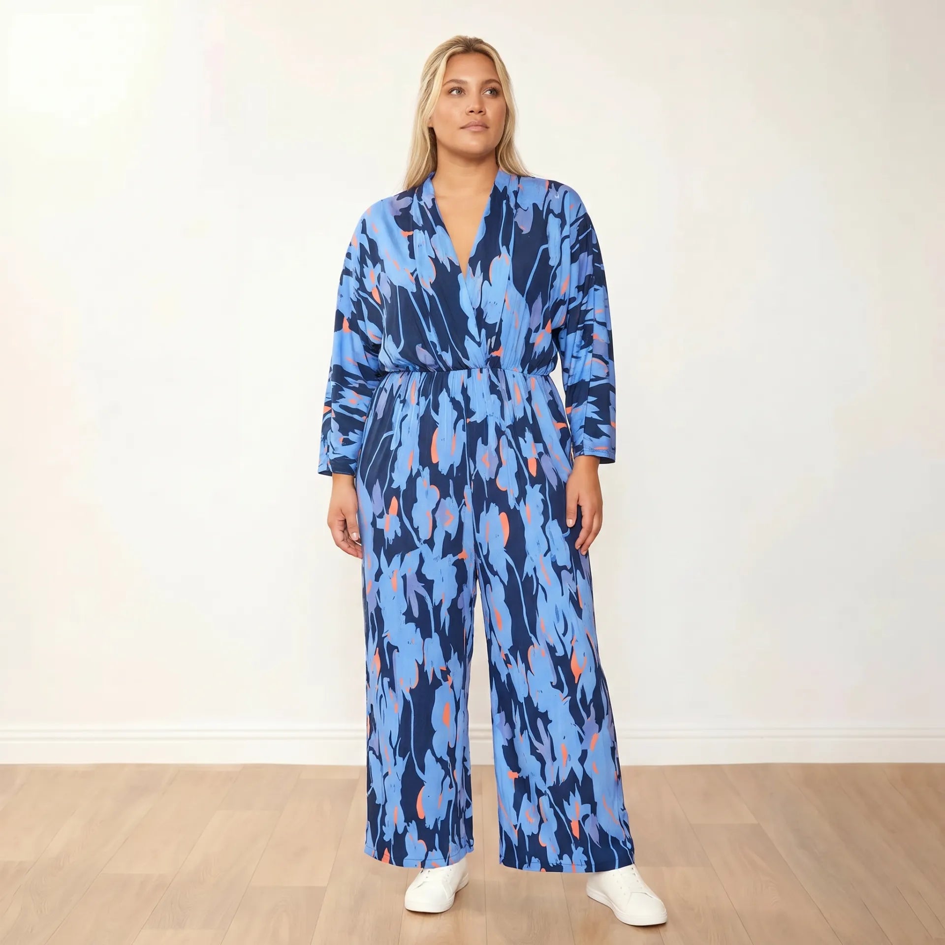 Vogue Jumpsuit in navy and orange abstract print – women's jumpsuit – view 9