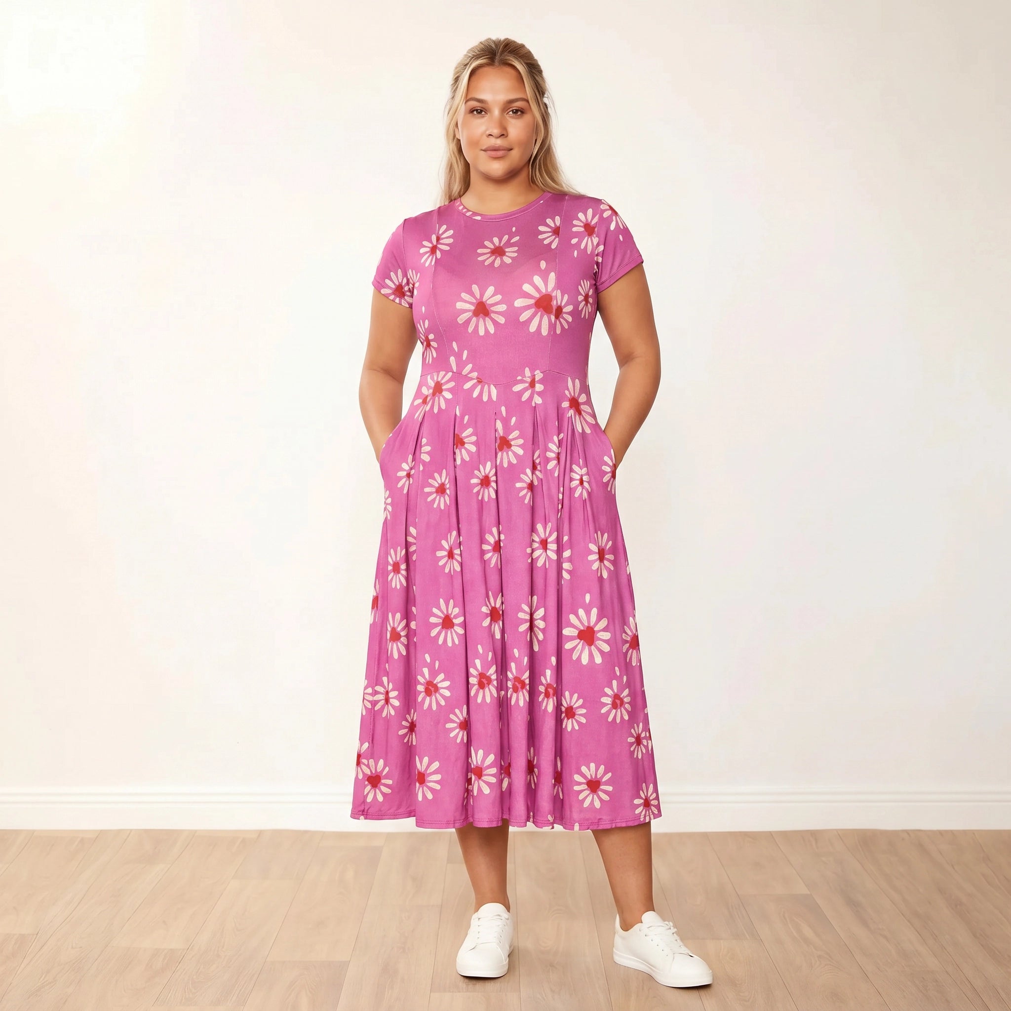 Polly Dress (Berry Daisy) - Plus Size XXL - Front arms relaxed calm expression