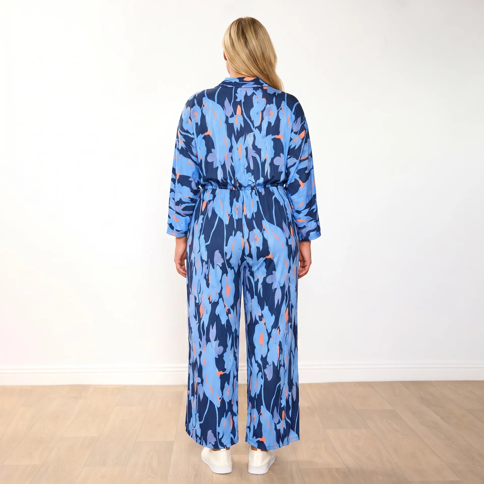 Vogue Jumpsuit in navy and orange abstract print – women's jumpsuit – view 13
