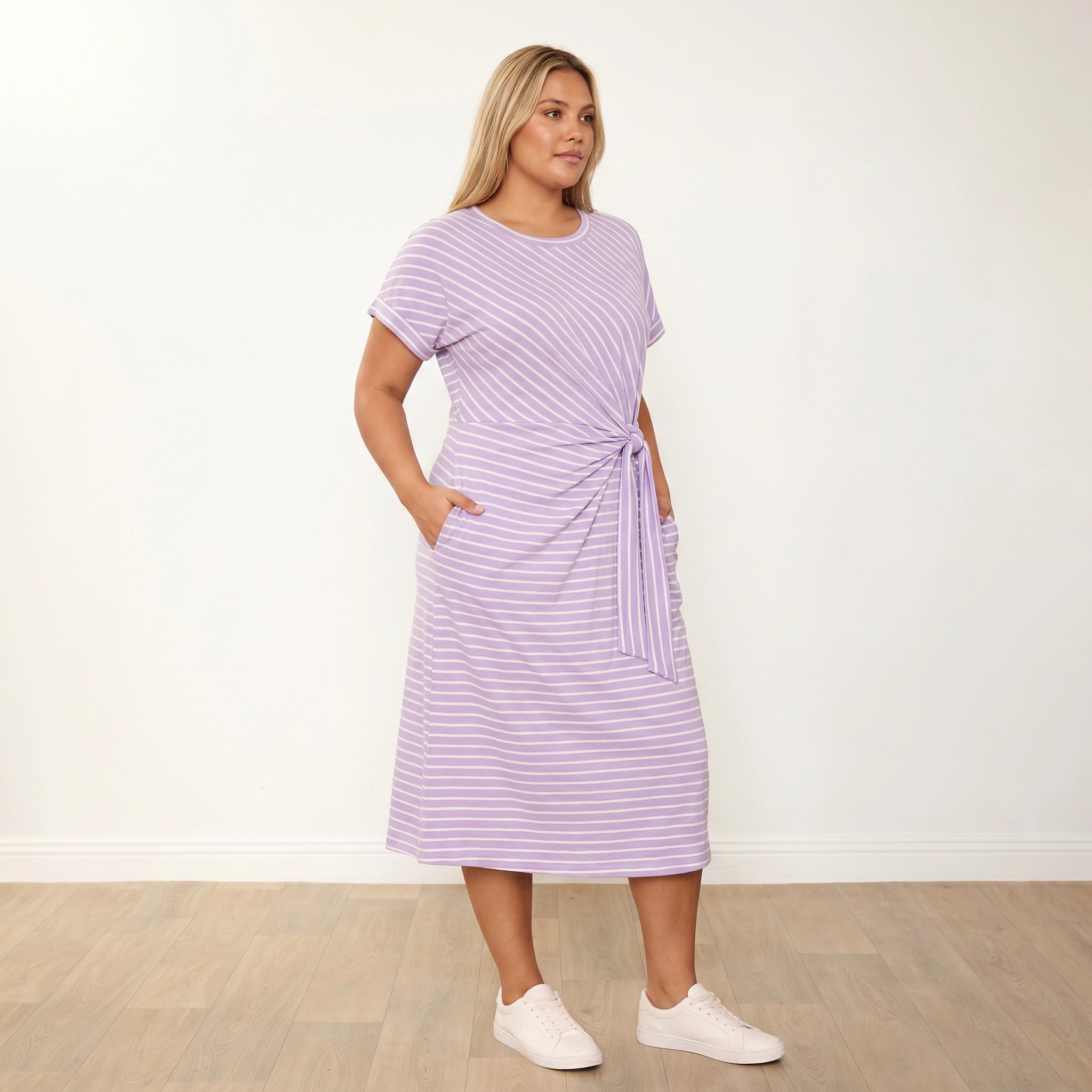 Muriel Dress (Lilac Stripe) - Plus Size XXL - Front, slight turn, gaze off-camera