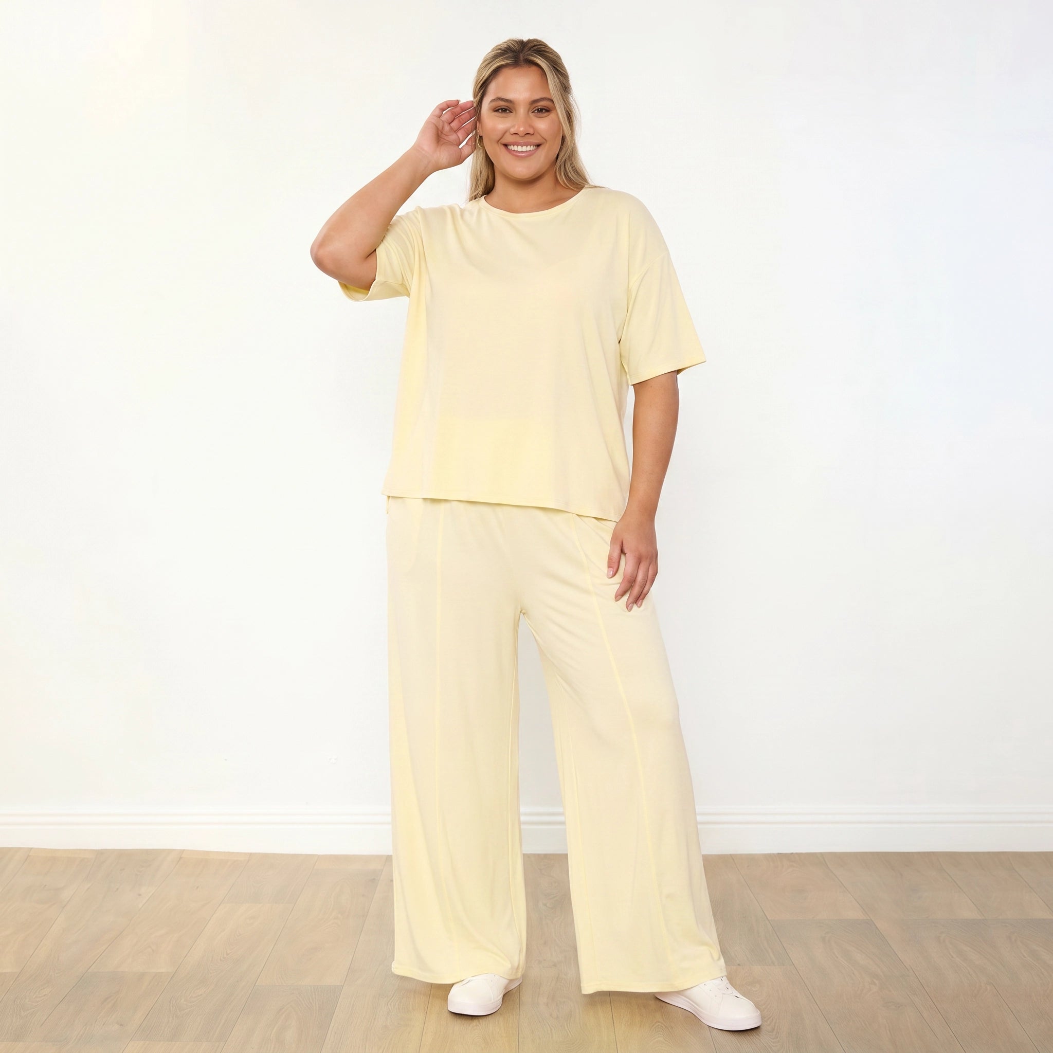 Sally Co-Ord Lemon - Plus Size - Hand to hair smiling