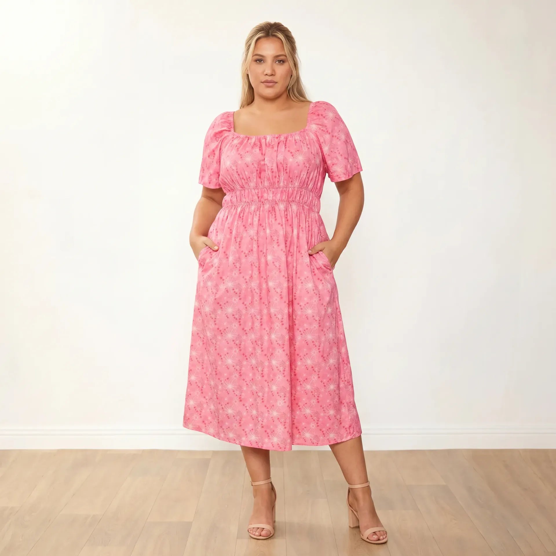 Ciara Dress Pink Star - Plus Size Model XXL - Front hands in pockets