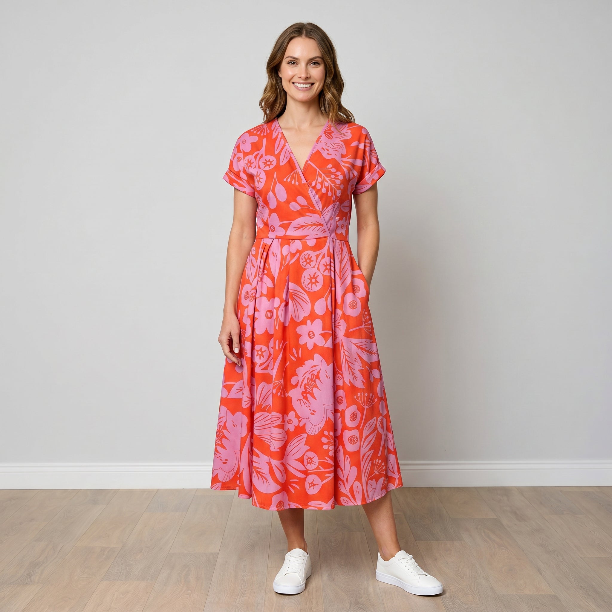 Kennedy Dress (Pink/Red Garden Print) - Front smiling
