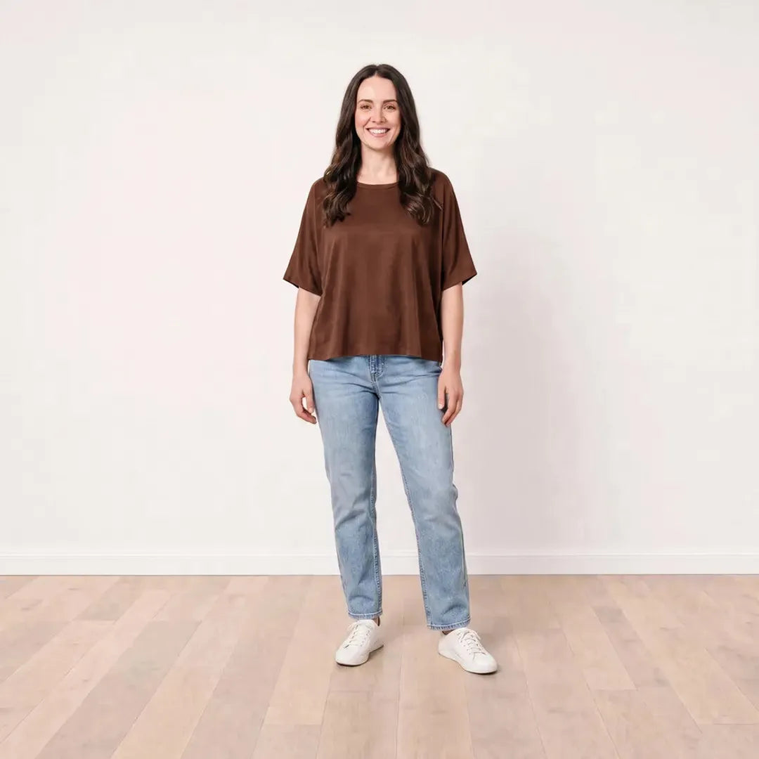 Orla Top in chocolate brown styled with light-wash straight-leg jeans, front view