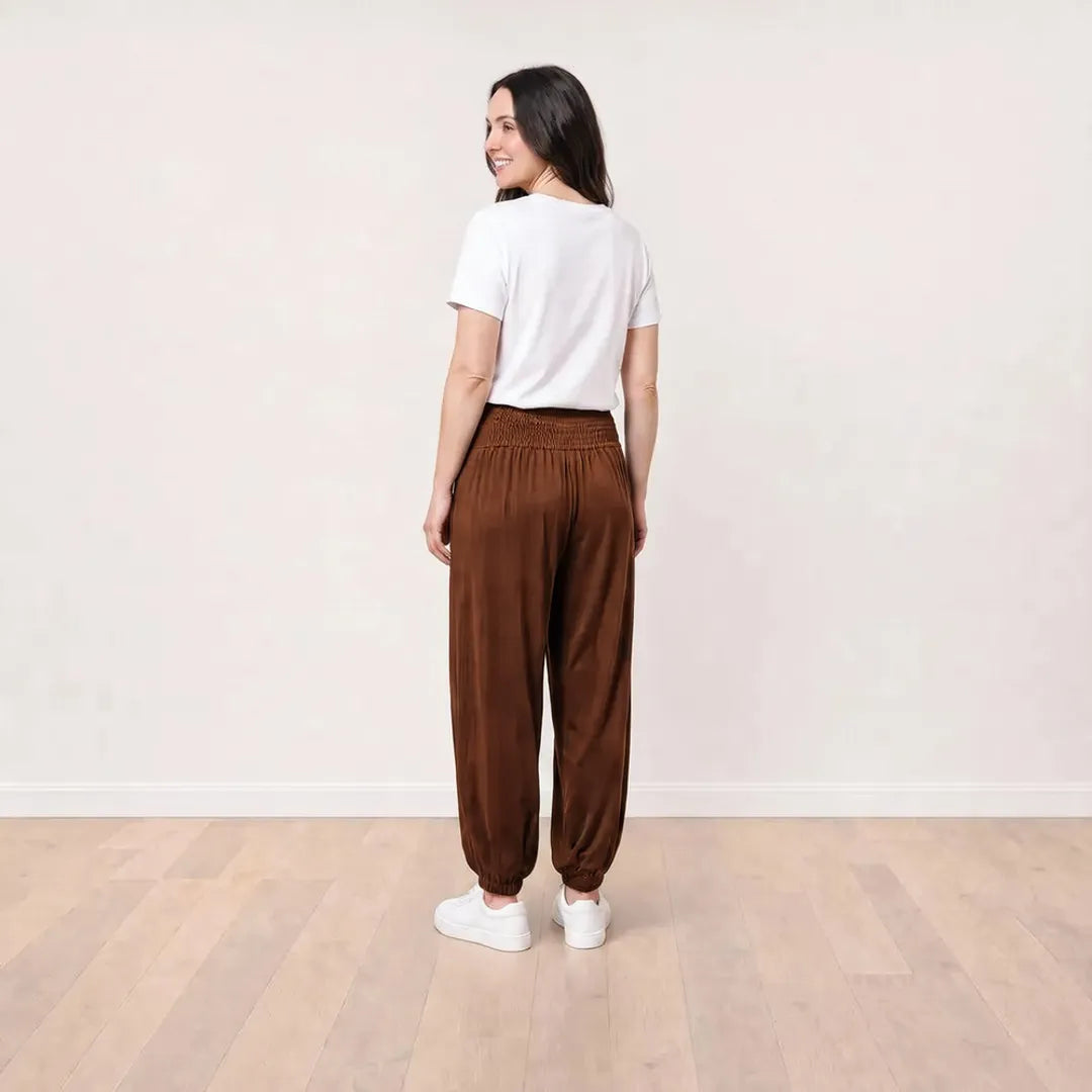 T_Róisín wearing Orla Trousers in Chocolate Brown, back view