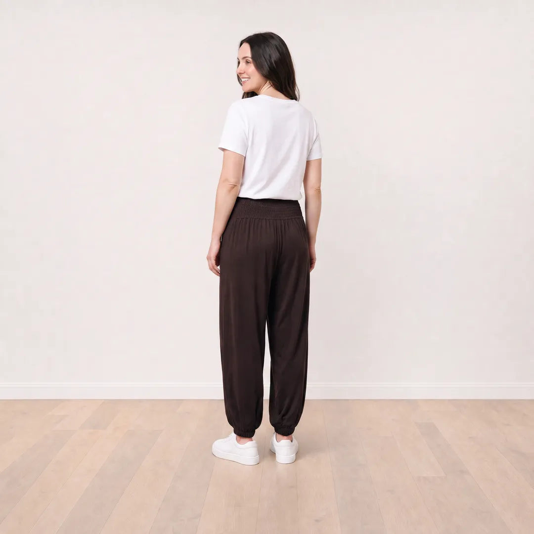 T_Róisín wearing Orla Trousers in Chocolate Brown, back view