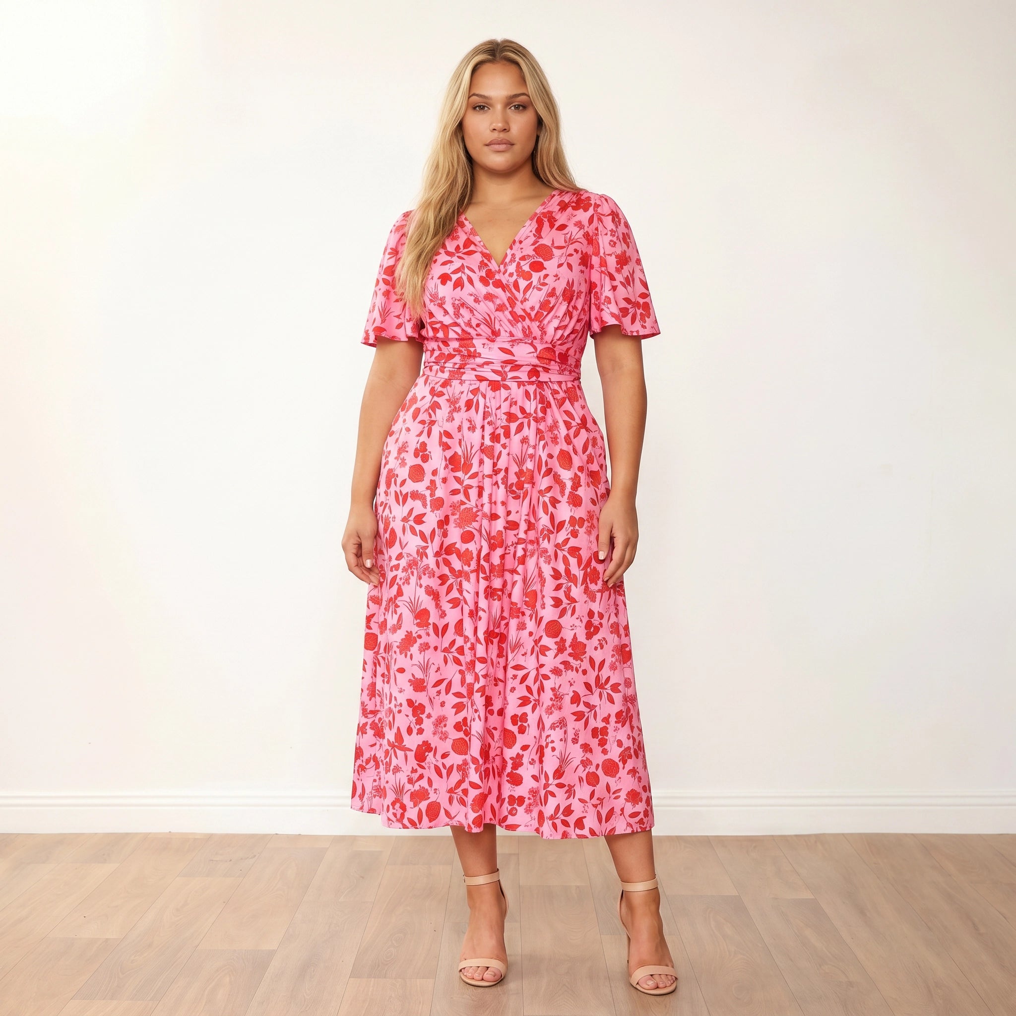 Teagan Dress Pink Red Floral - Plus Size Model Front Arms Relaxed