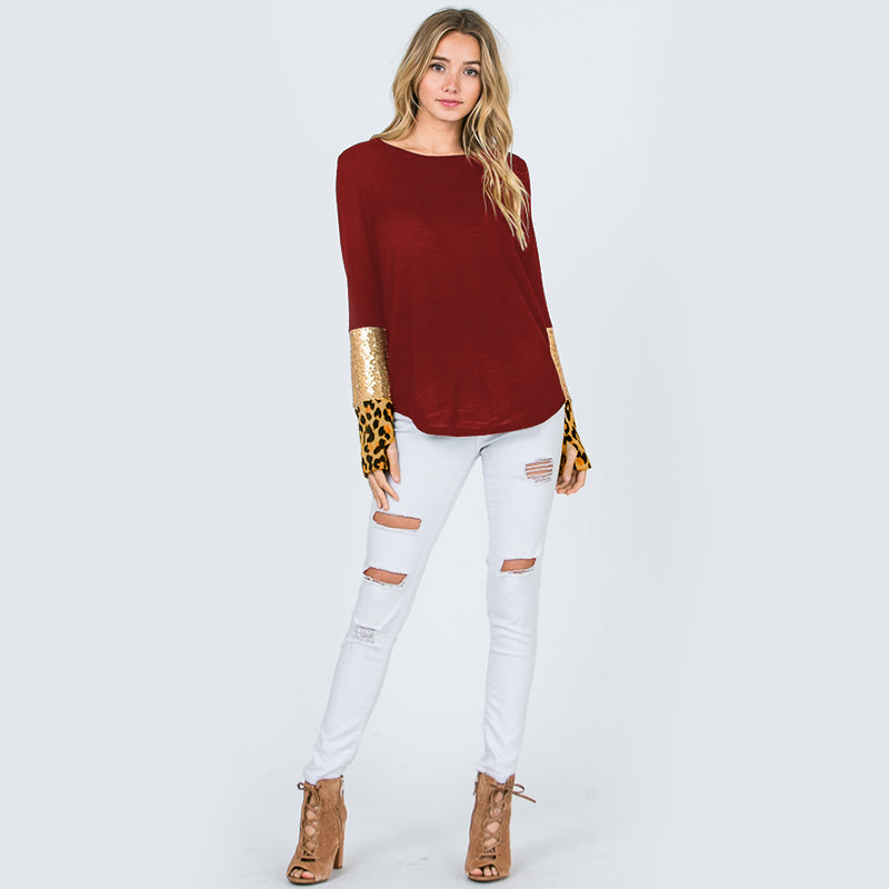 Glitter Leopard Sleeve Top Burgundy