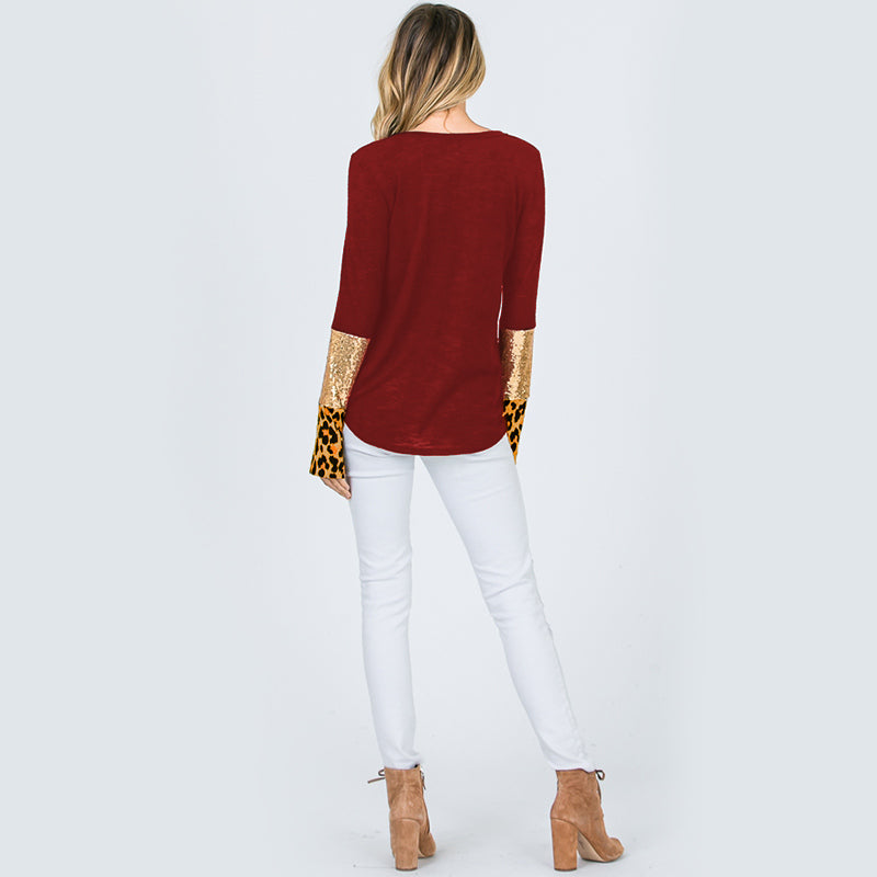 Glitter Leopard Sleeve Top Burgundy