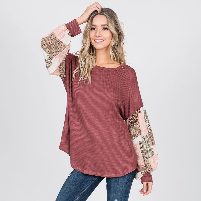 Patchwork Sleeve Top Mauve