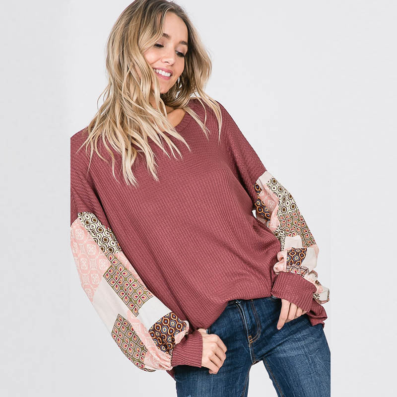 Patchwork Sleeve Top Mauve