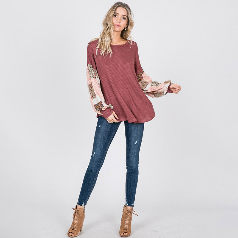 Patchwork Sleeve Top Mauve