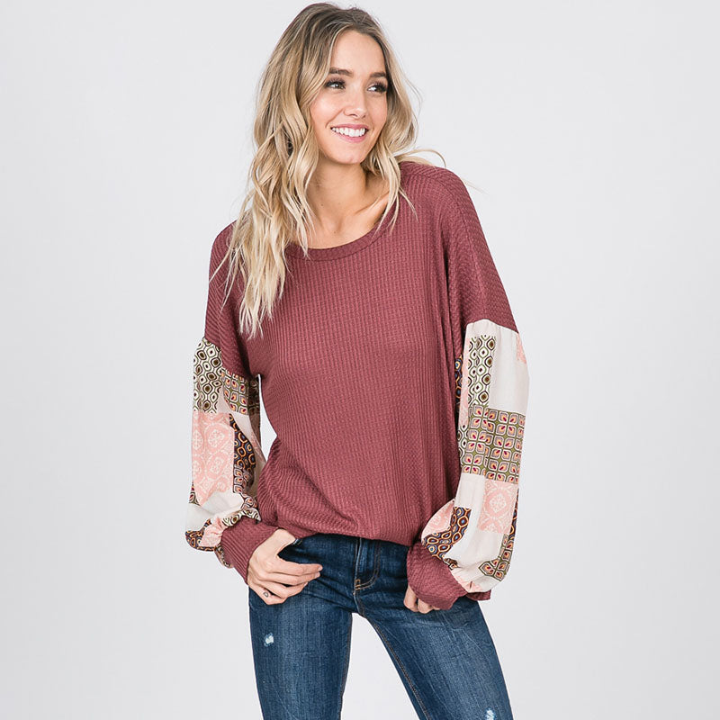 Patchwork Sleeve Top Mauve